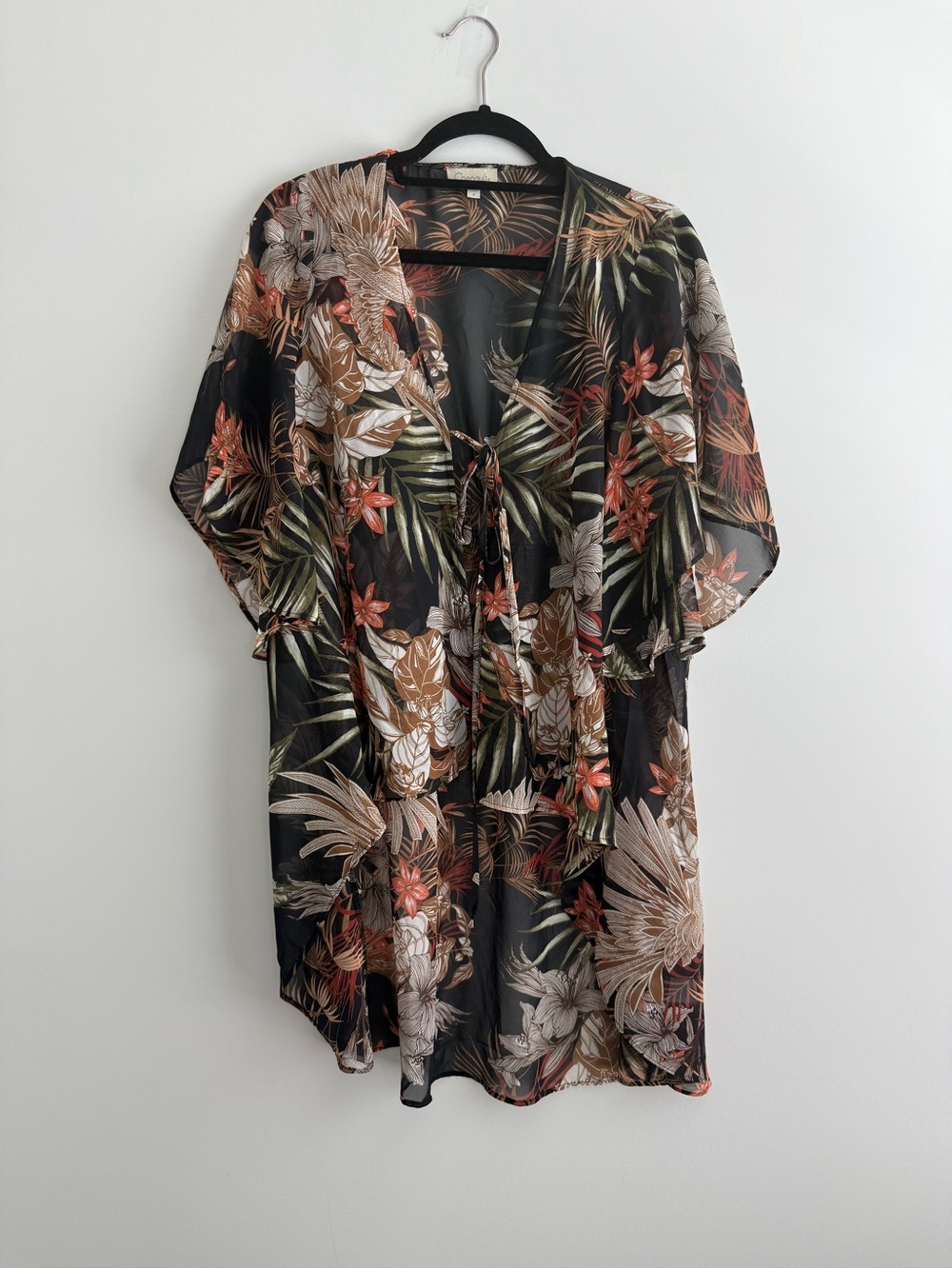 Chenault Black Tropical Floral Sheer Tie-Front Cover-Up